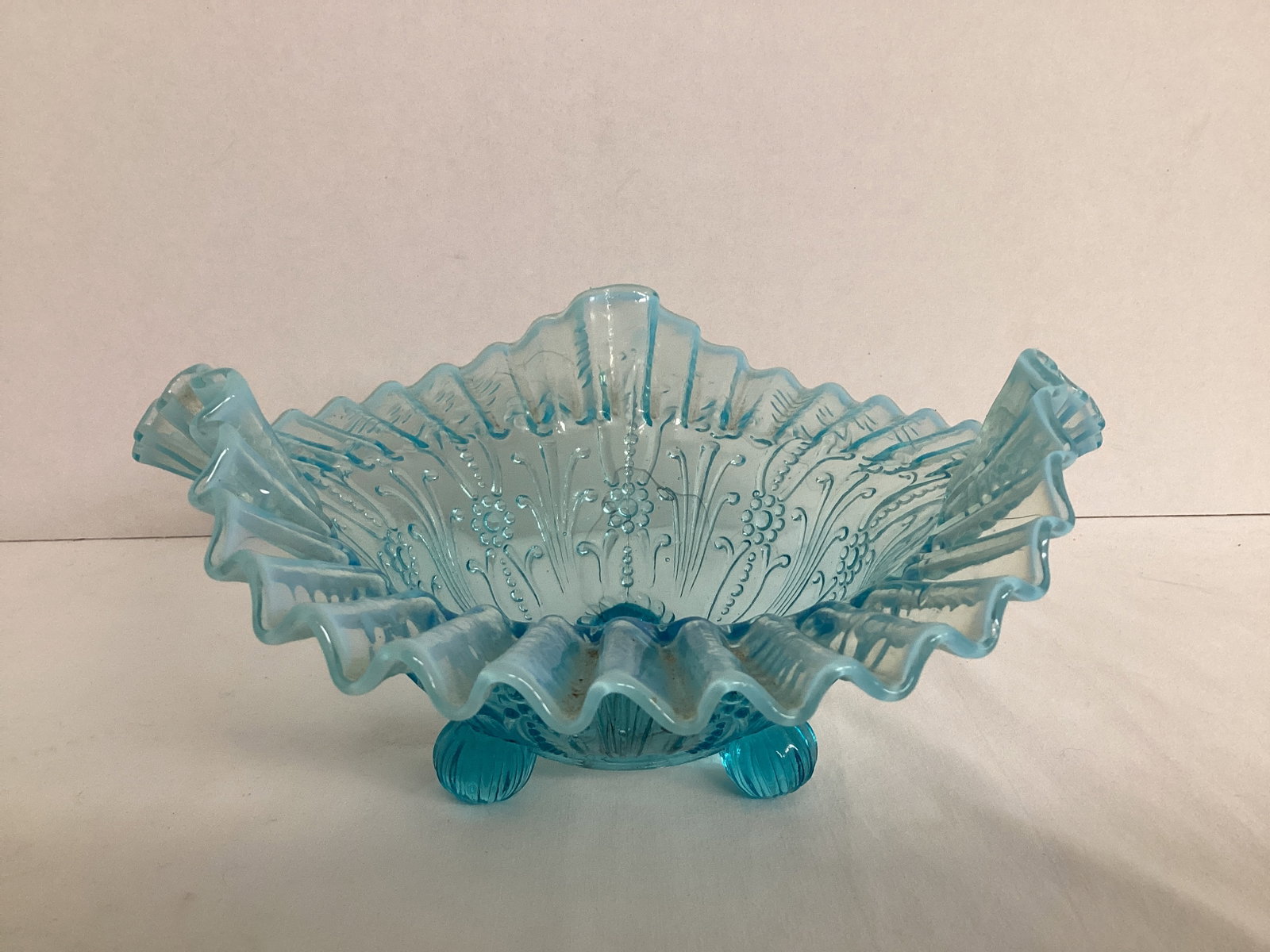 Blue Opalescent Ruffled Edge Bowl: 9" diameter, 4 1/2" h