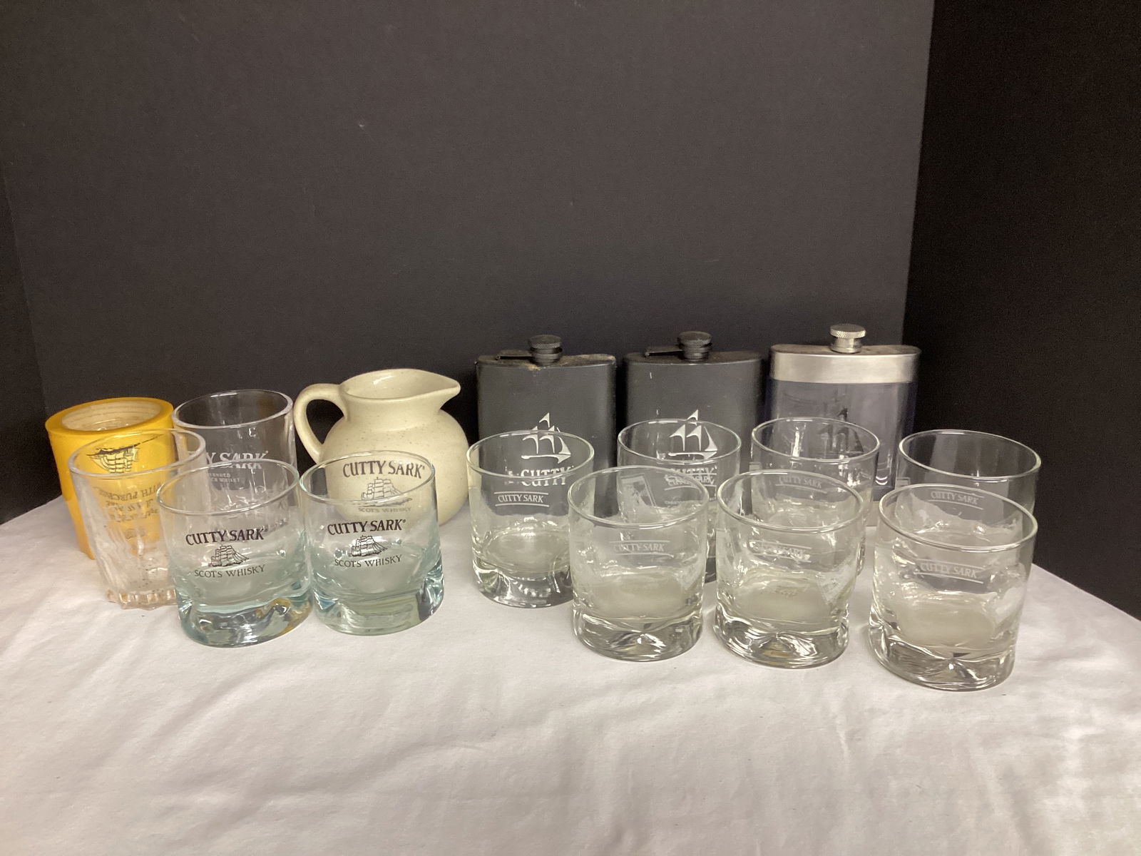 Cutty Sark Flasks, Glasses, and Water Pitcher: .