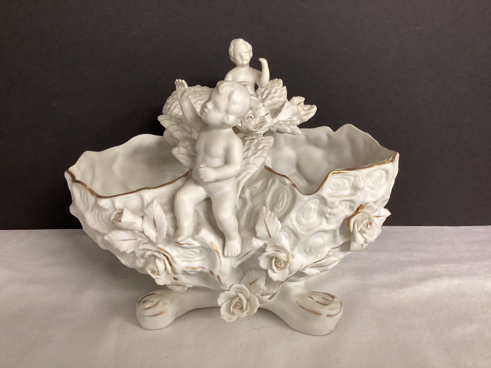 Porcelain Cherub Planter: 7" L, 6 1/2" h