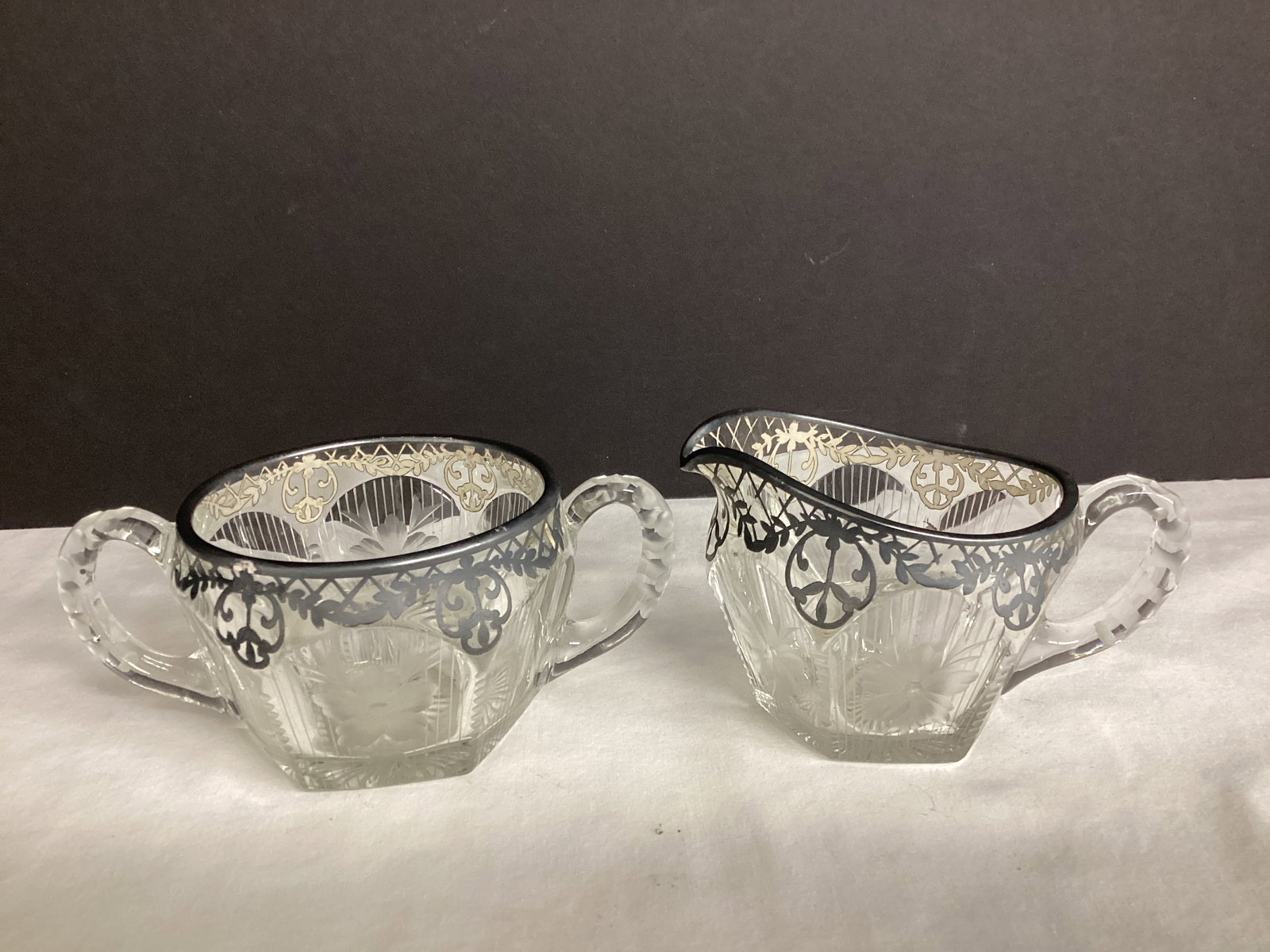Vintage Crystal Creamer and Sugar with Silver Overlay: 2 1/2" and 3" h