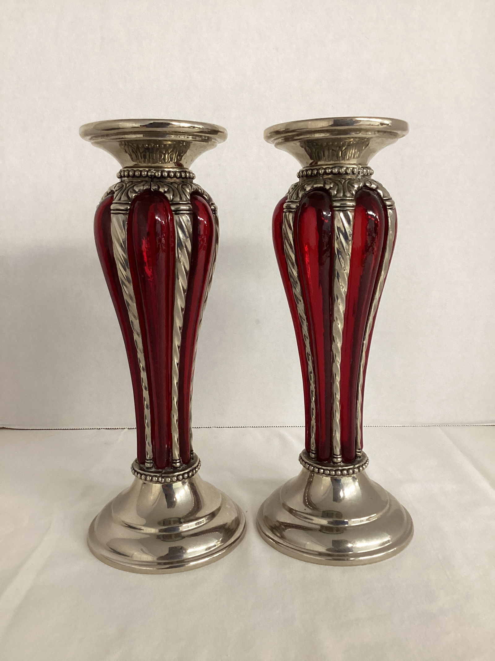 Pair of Metal and Ruby Red Glass Pillar Candle Holders (1 of 6)