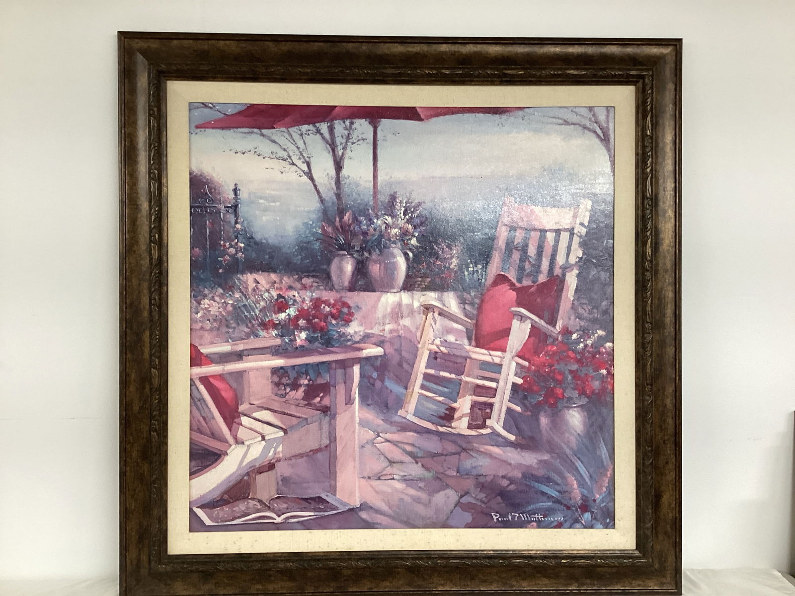Paul Mathenia "Patio Chaise" Framed Print on Board: 45 1/4" square, shipping not available on this lot