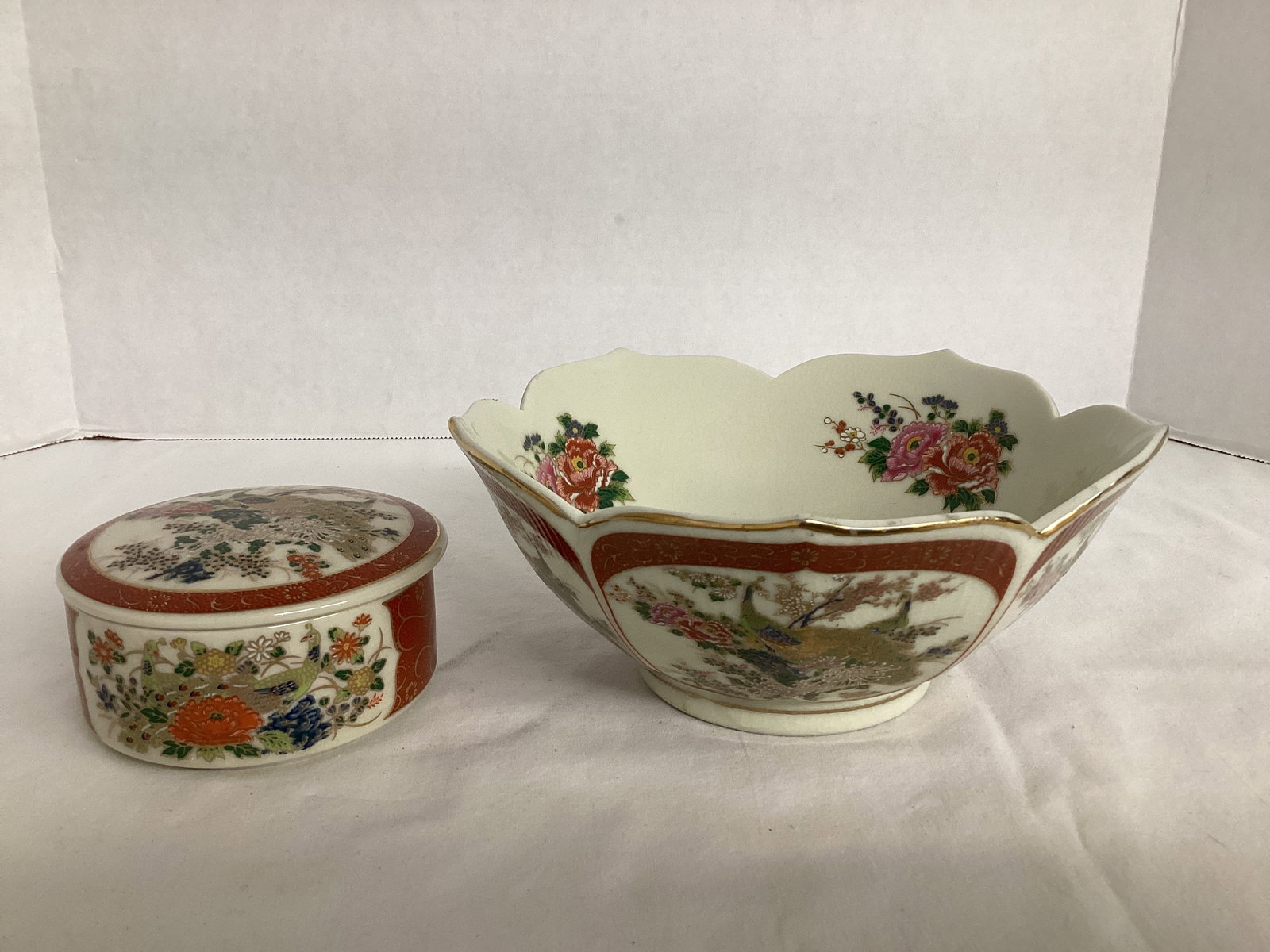 Satsuma Japan Peacock Pattern Bowl and Musical Trinket Box: crazing, bowl 7" diameter x 3" h, trinket box 4" diameter x 2" h, plays "Raindrops Keep Falling"