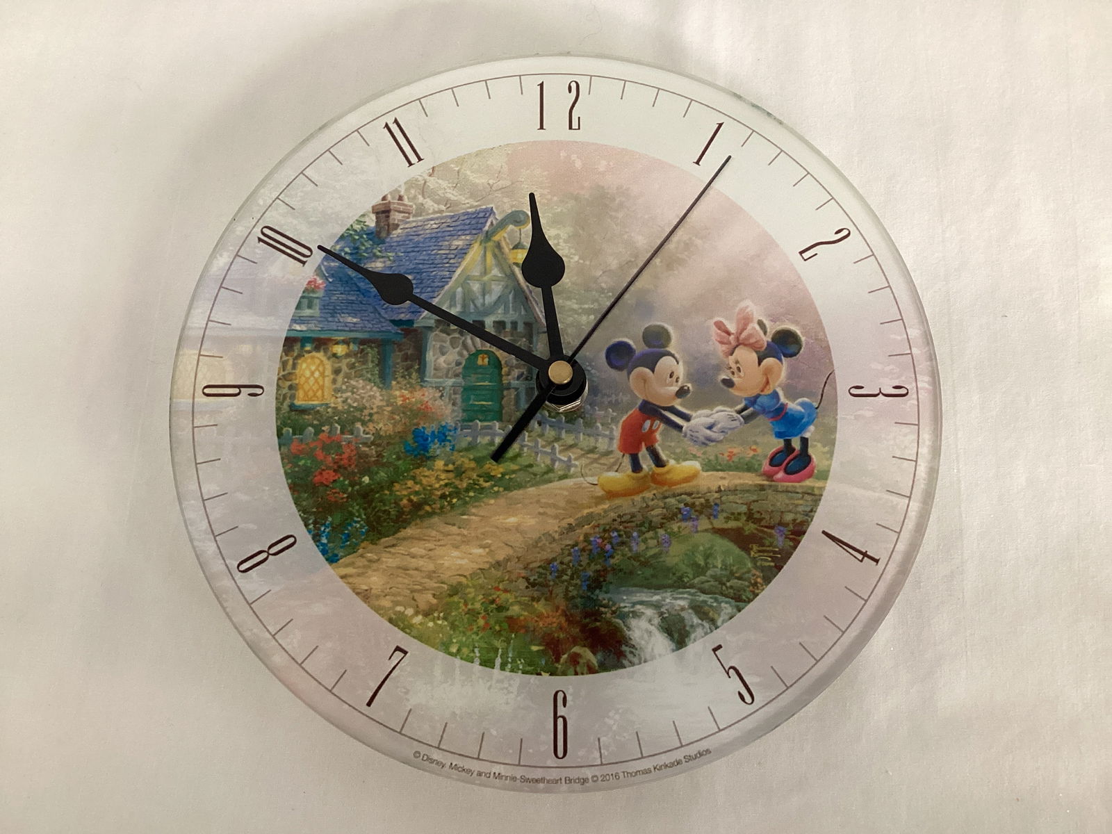 2016 Disney Mickey and Minnie Sweetheart Bridge Thomas Kinkade Glass Wall Clock: works, 8" diameter