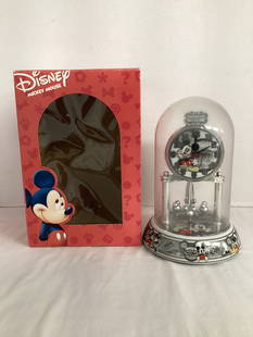 Disney Mickey Mouse Anniversary Clock with Box: glass dome, porcelain base and dial, battery compartment has corrosion, batteries not included, not working, 9 1/2" h