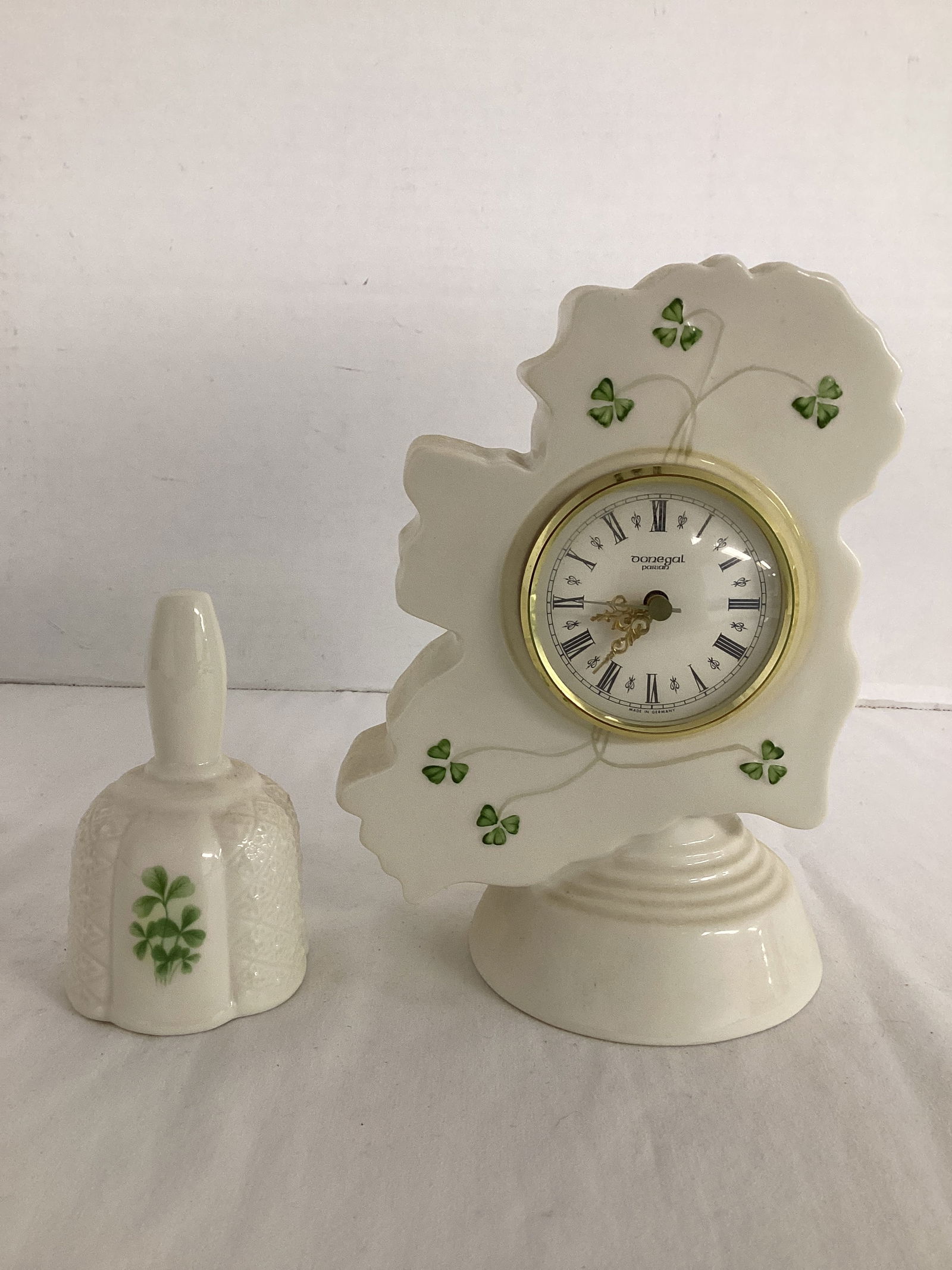 Irish Parian Donegal China Bell and Quartz Clock: clock untested, 4 1/8" and 7 1/8" h