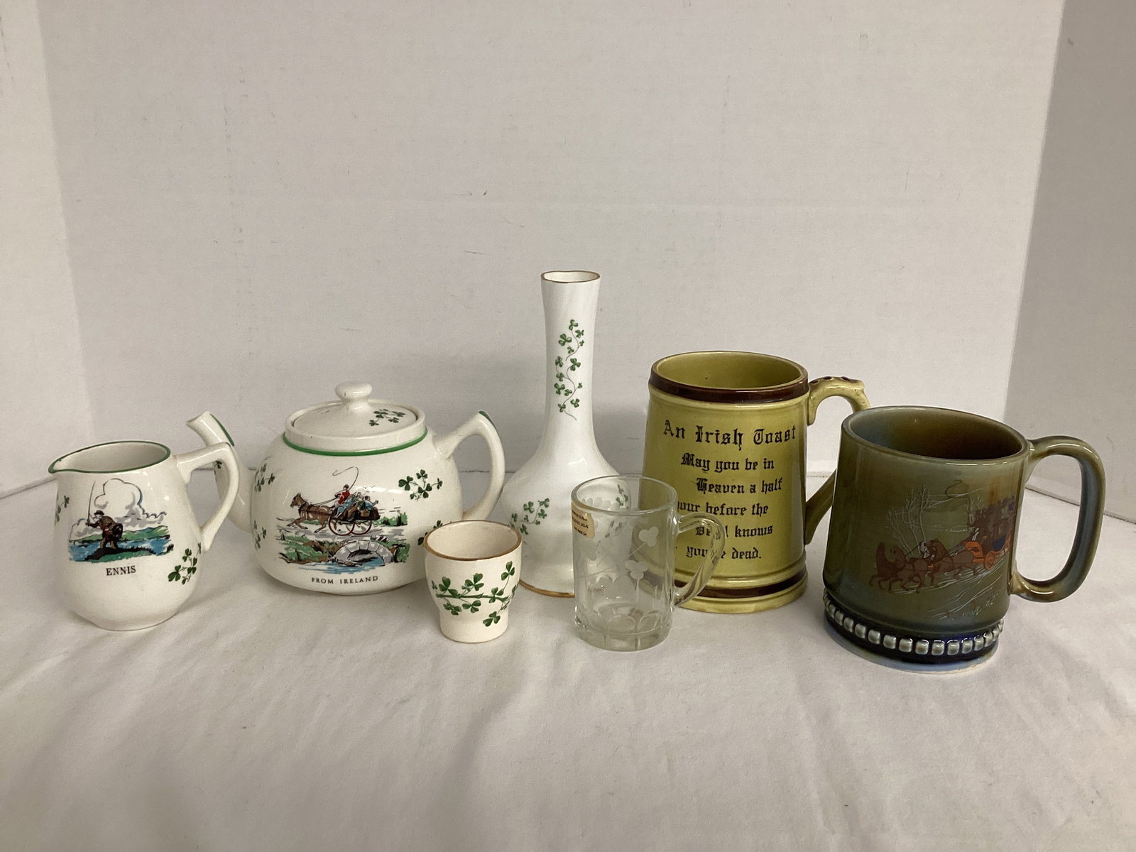 Vintage Irish Creamer, Teapot, Egg Coddler, Vase, Stein, and Mug: see photos for markings