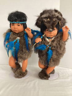 Two 1988 Furga Native American Dolls with Real Fur: 17" h