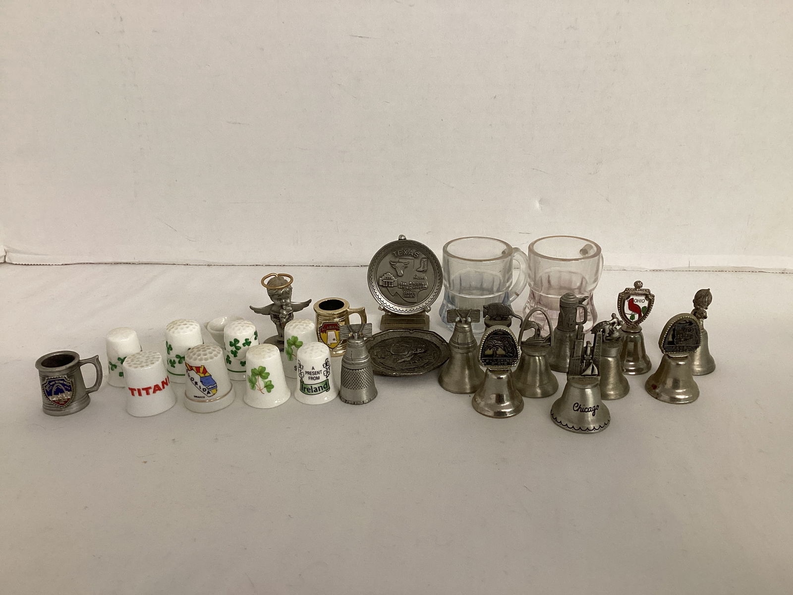 Souvenir Thimbles, Miniature Bells, Plates, and Steins: .