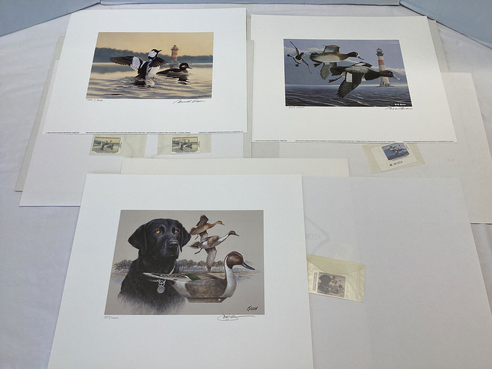 1991-1993 South Carolina Duck Stamps and Prints: 1991 - 14" x 12", 329/4000, Pintails and Black Labrador, signed by Jim Killen; 1992 - 14" x 12", 1981/4000, Buffleheads at Harbor Town Lighthouse, signed by Russell Cobane, one stamp signed; 1993 - 14