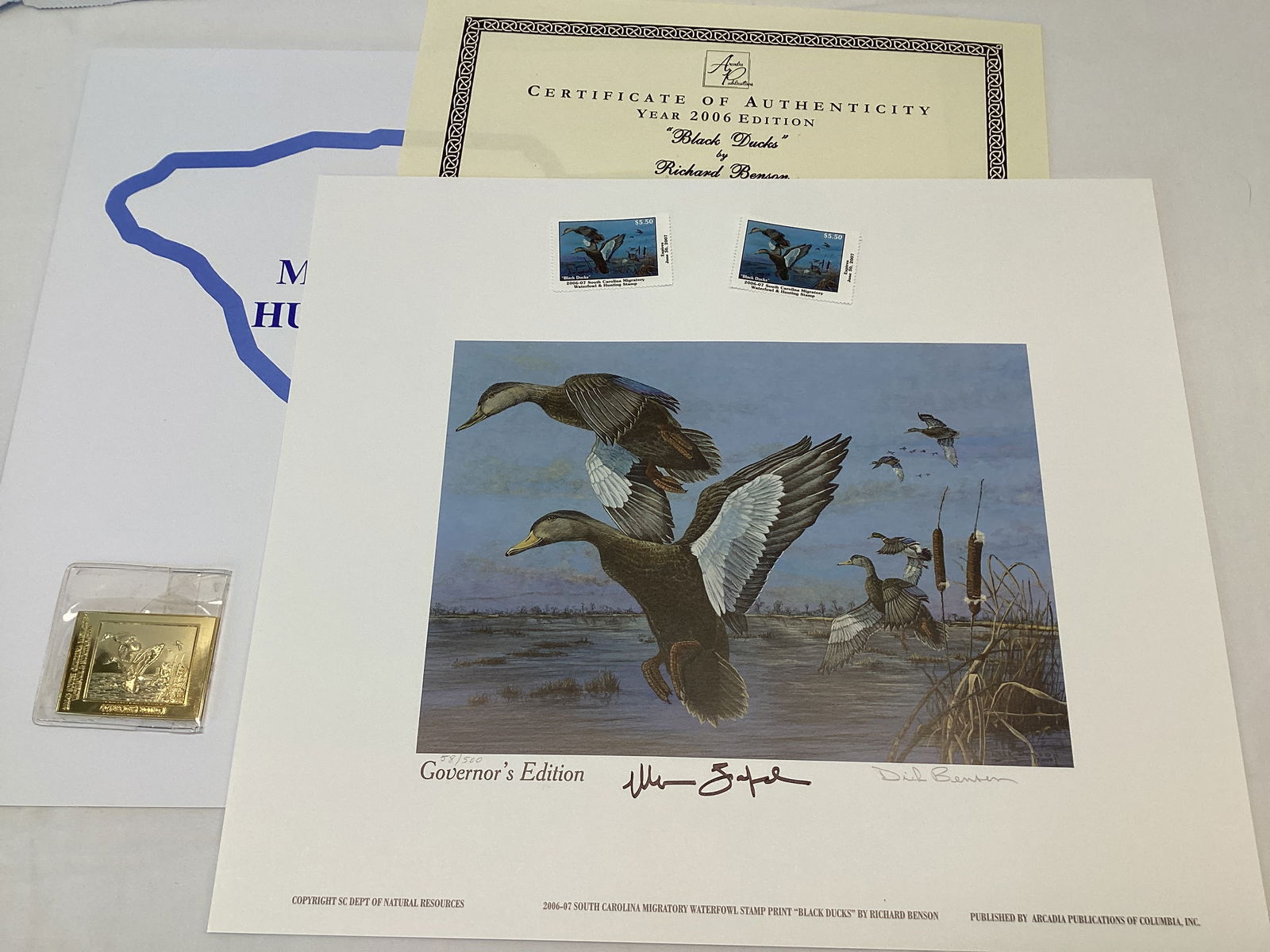 2006 South Carolina Governors Edition Duck Stamp and Print: 14" x 12", 58/500, Governors Medallion, Black Ducks, signed by Governor Mark Sandford and artist Richard Benson, one stamp signed