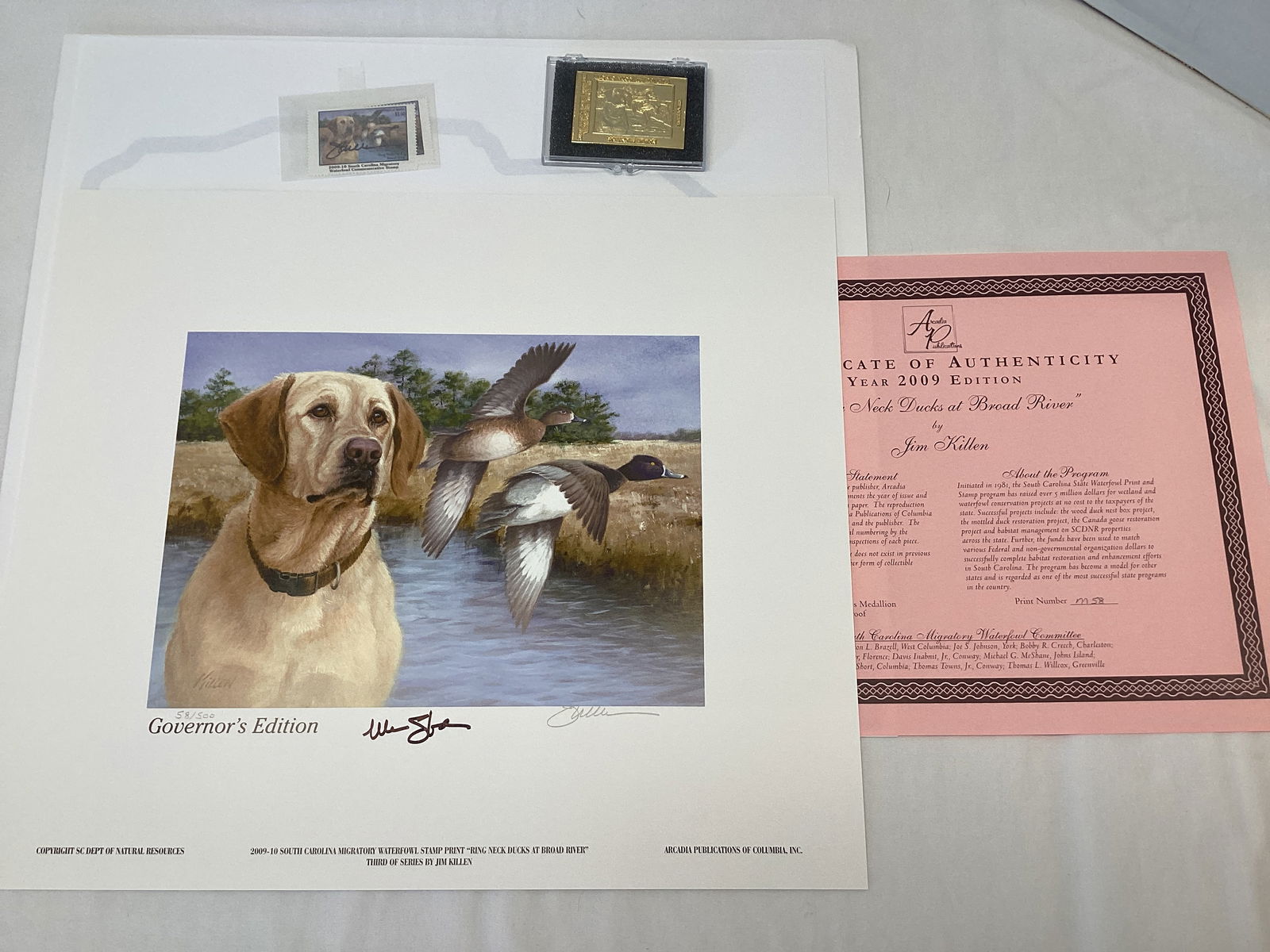 2009 South Carolina Governors Edition Duck Stamp and Print: 14" x 12", 58/500, Governors Medallion, Ring Neck Ducks at Broad River, signed by Governor Mark Sandford and artist Jim Killen, one stamp signed