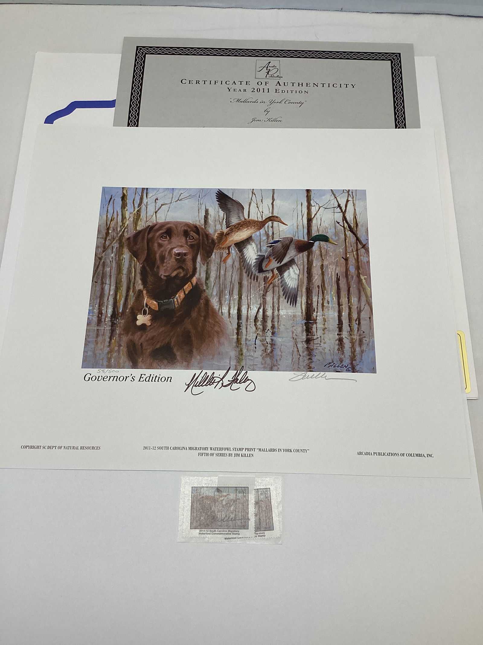 2011 South Carolina Governors Edition Duck Stamp and Print: 14" x 12", 58/500, Governors Medallion missing, Mallards in York County, Signed by Governor Nikki Haley and artist Jim Killen, one stamp signed