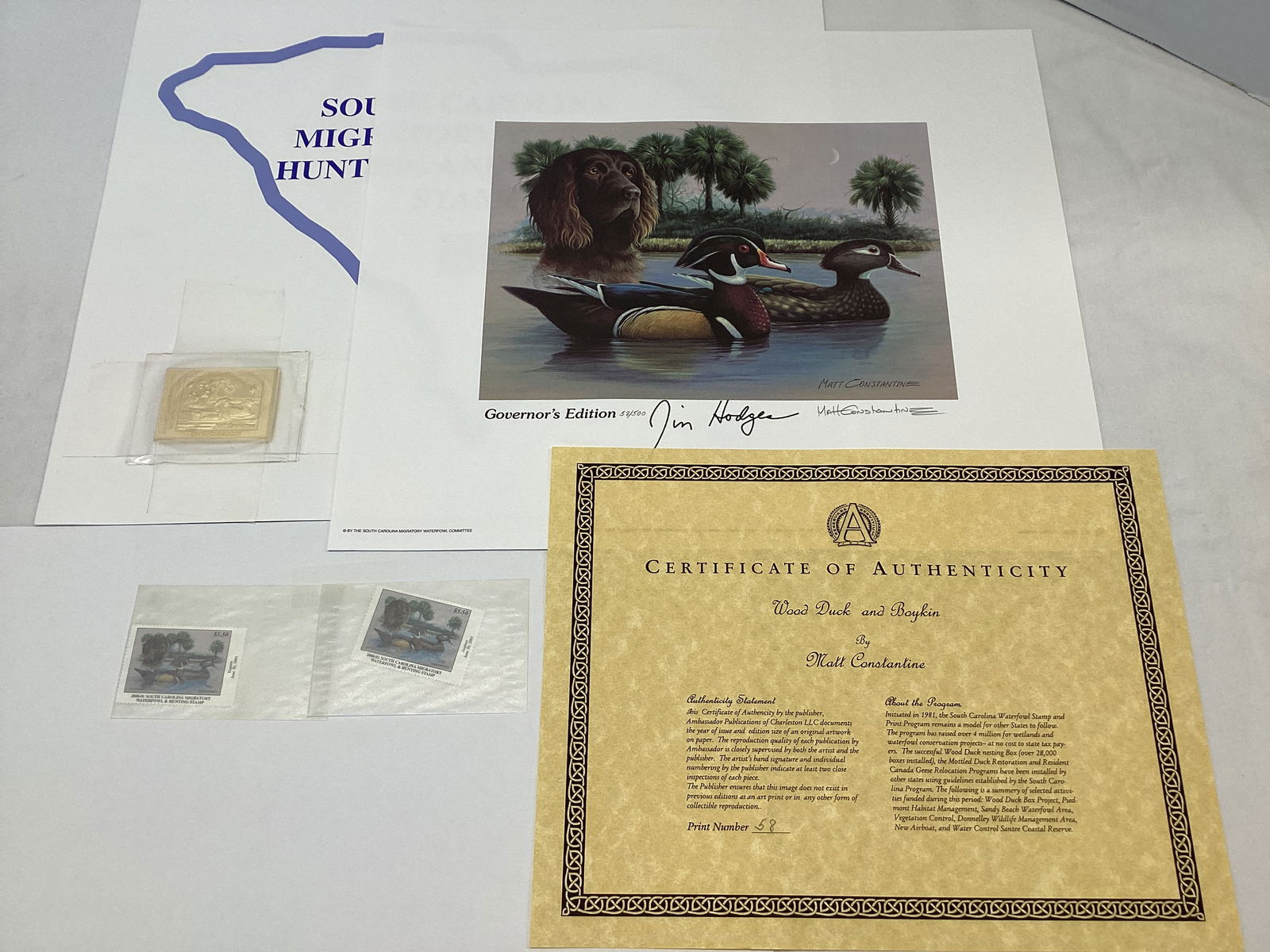 2000 South Carolina Governors Edition Duck Stamp and Print: 14" x 12", 58/500, Governors Medallion, Wood Duck and Boykin, signed by Governor Jim Hodges and artist Matthew Constantine