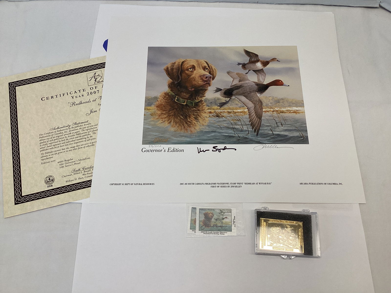 2007 South Carolina Governors Edition Duck Stamp and Print: 14" x 12", 58/500, Governors Medallion, Redheads at Winyah Bay, signed by Governor Mark Sandford and artist Jim Killen, one stamp signed