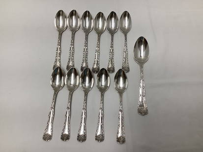 12 Tiffany Sterling Silver Spoons: monogrammed, 11 teaspoons and one soup spoon, 14.622 troy ounces