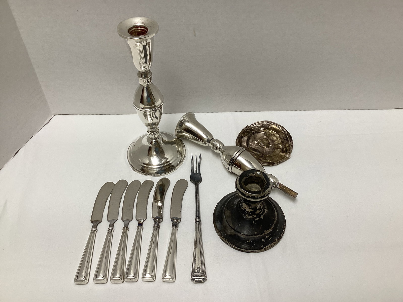 Sterling Weighted Candlesticks, Sterling Handle Spreaders and Fork, Scrap Sterling: see photos and preview for condition, spreaders missing bolsters