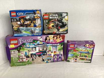 Four LEGO Sets with Open/Damaged Boxes: Friends Emma's Tourist Kiosk, Friends Heartlake News Van, City Coast Guard Starter Set, Star Wars Tie Fighter Micro-Fighter