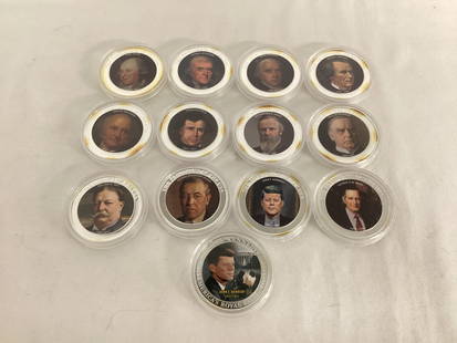 13 American Mint US Presidents in Color Coins with COAs: .