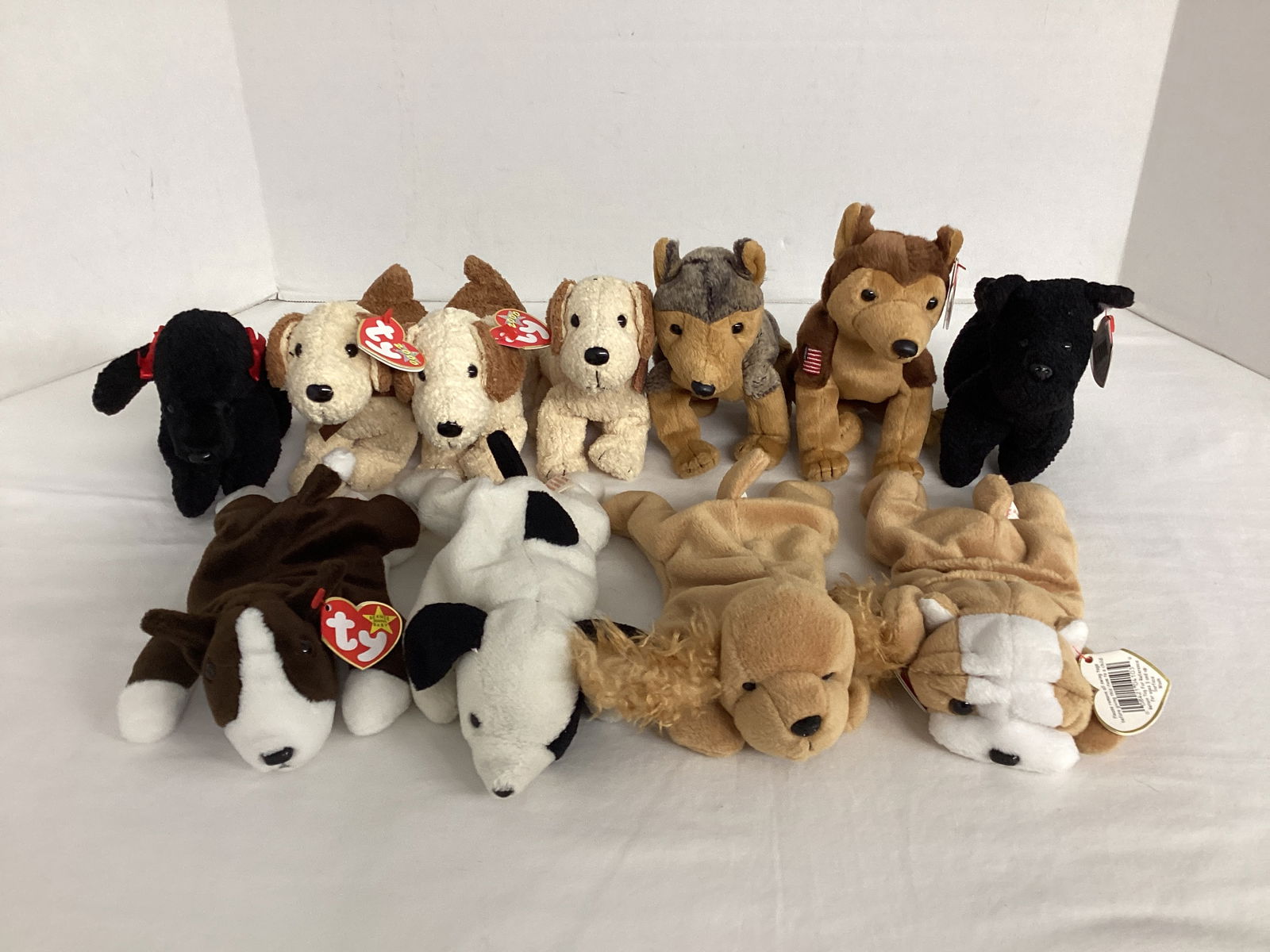 Dog TY Beanie Babies: Rufus (3), Spot, Scottie, Courage, Spunky, Wrinkles, GiGi, Bruno, and Sarge