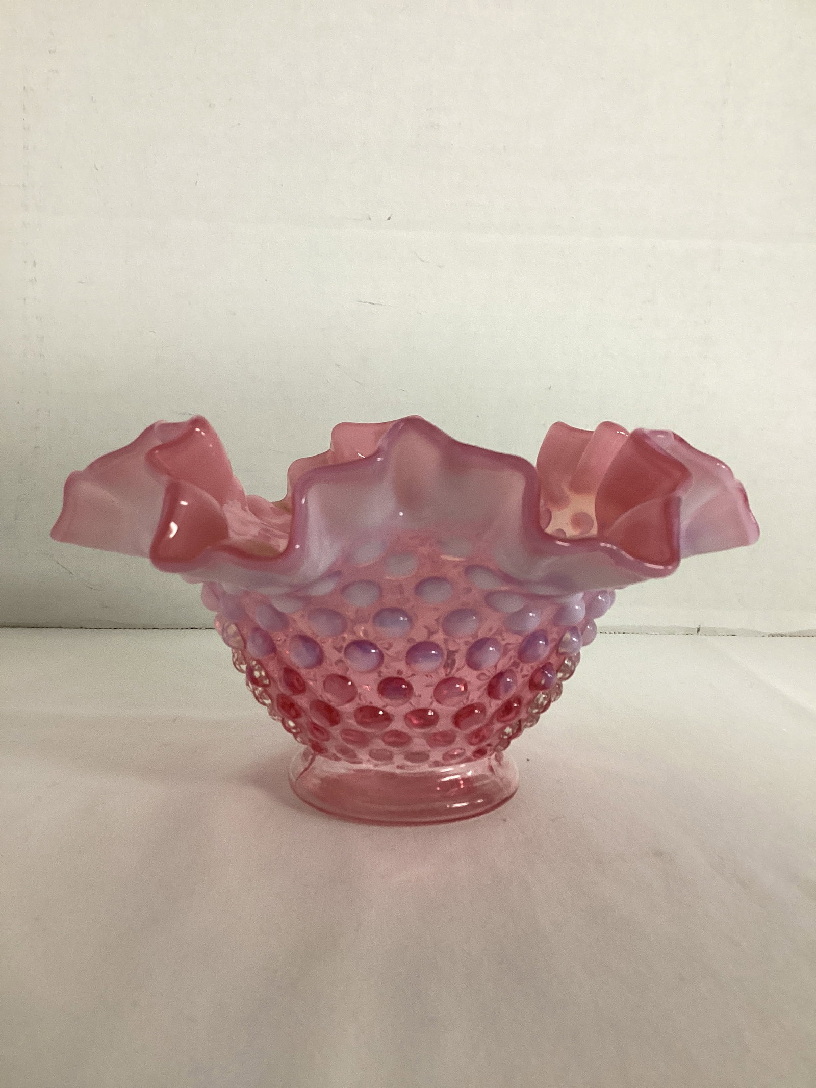 Cranberry Opalescent Hobnail Bowl with Ruffled Edge: possibly Fenton, unmarked, 7 1/4" diameter x 4" h