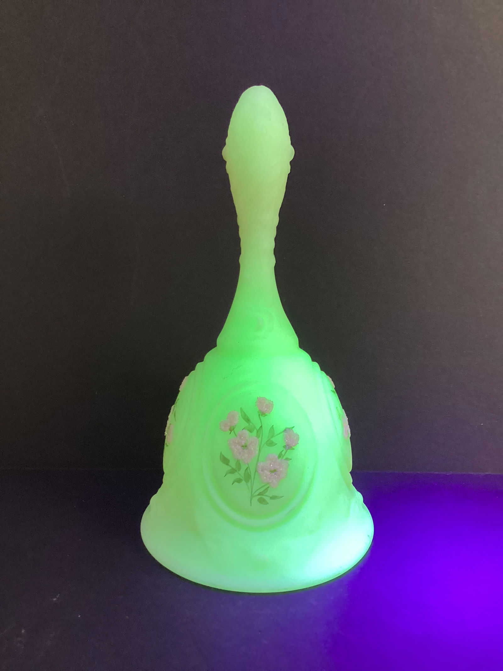 Fenton Hand Painted Uranium Custard Glass Bell with Sticker: Painted by Darlene Mageehan, 6 3/4" h