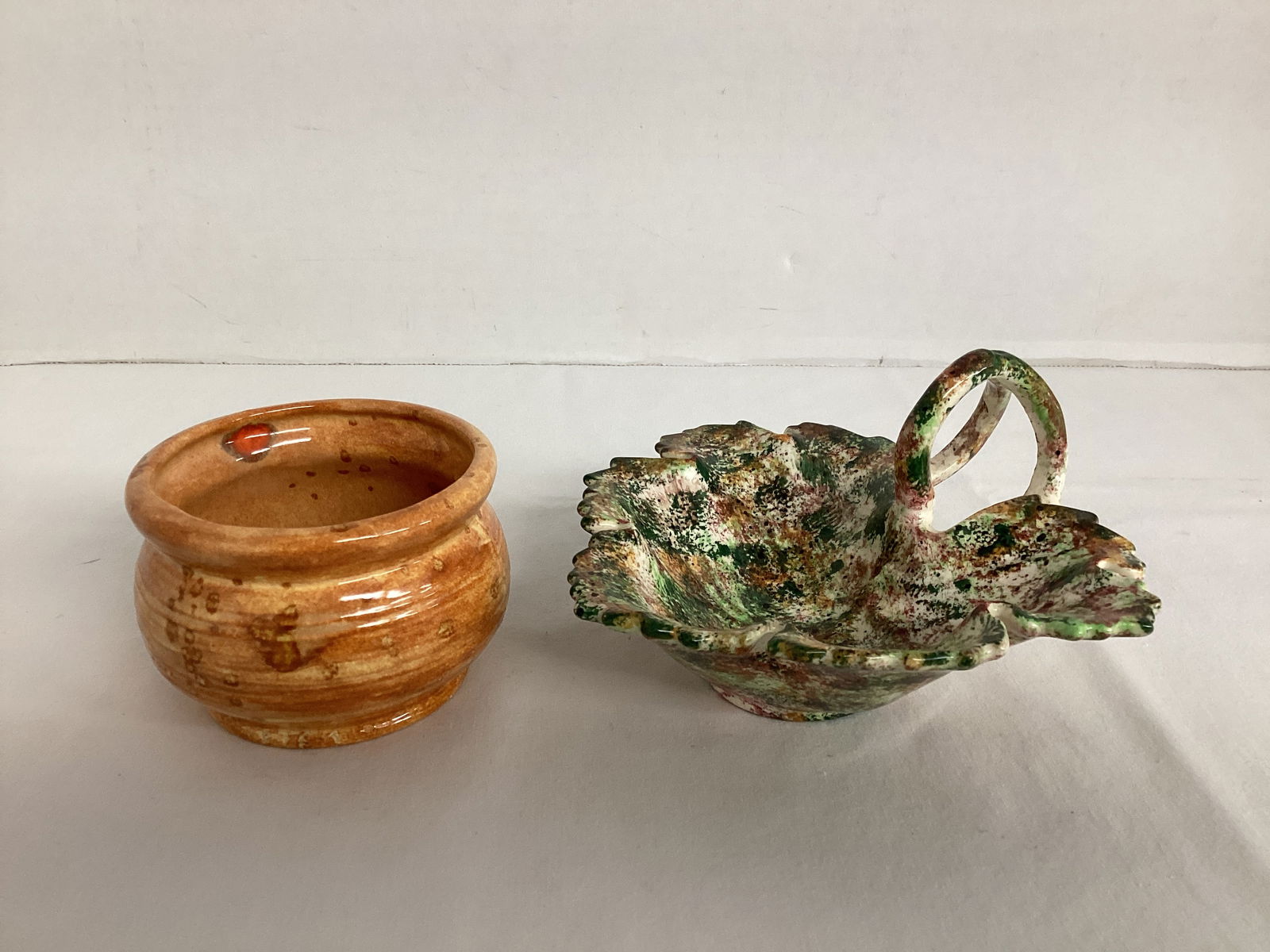 Ceramic Pot and Leaf Shaped Dish: 3 1/2" diameter x 2 1/4" h pot, 5 1/2" x 3" h leaf