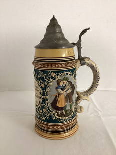 Vintage German Beer Stein with Metal Lid: see photos for markings on bottom, possible lid repair, 10 1/2" h