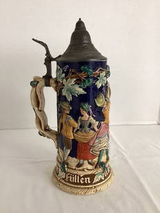 Vintage German Dancing Couples Beer Stein with Metal Lid: see photos for markings on bottom, 11" h