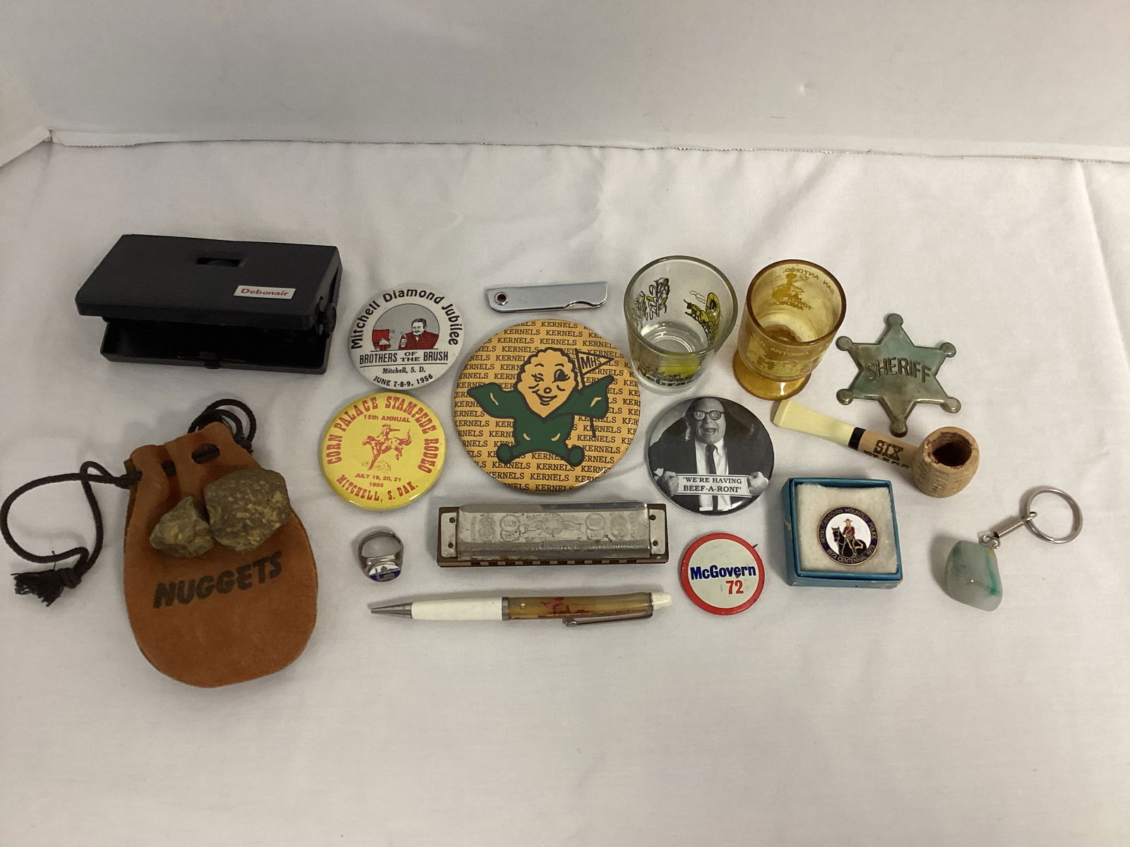 Vintage Souvenirs, Political Button, Keychains, Toys, Harmonica: .