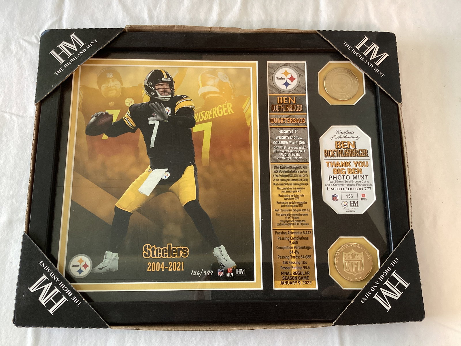 Highland Mint Pittsburgh Steelers Ben Rothlisberger Framed Photo and Bronze Coins: 146/777, 15" x 12"