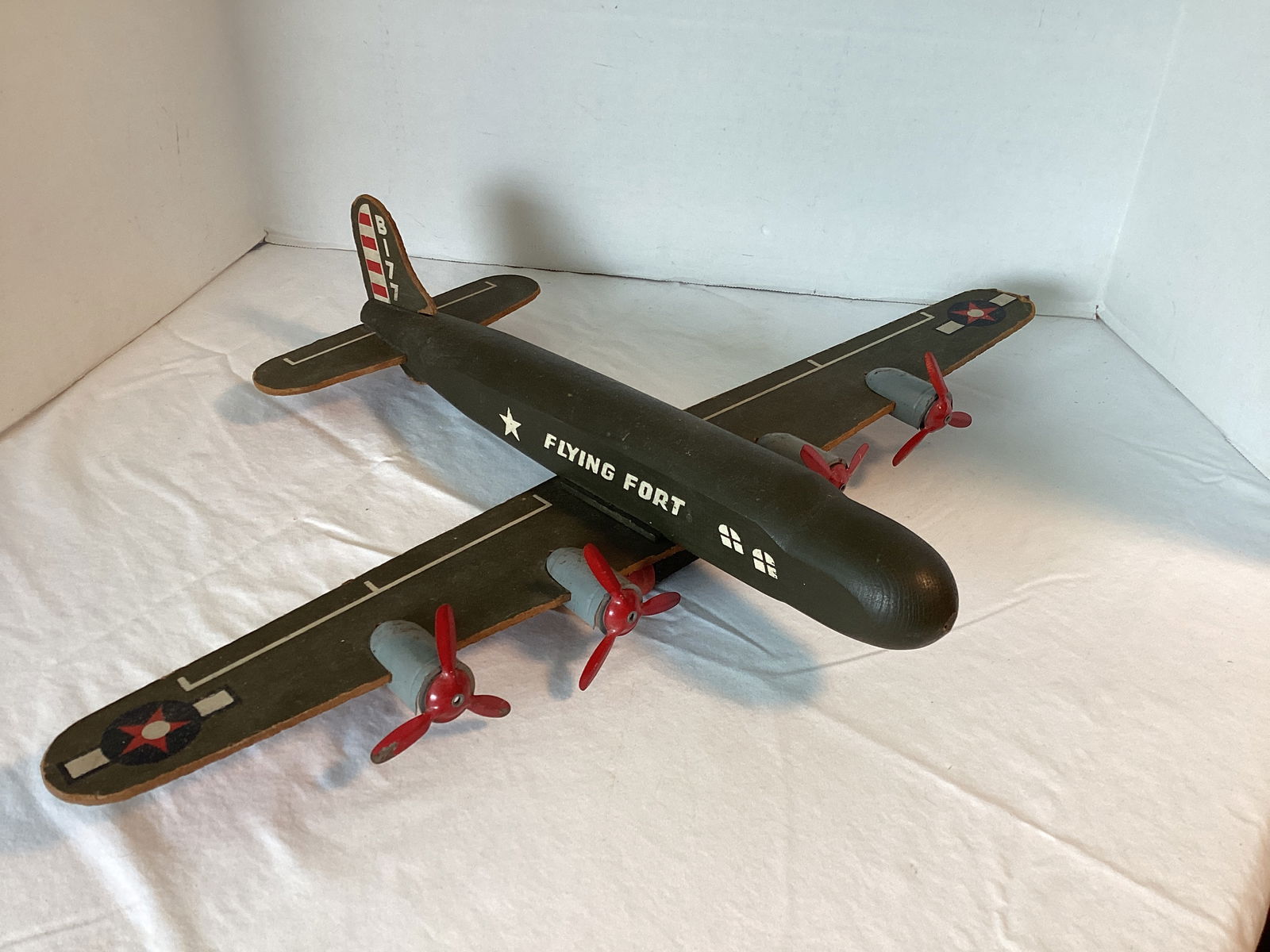 Vintage Wood Flying Fort Bomber Airplane: 17" x 24", some wear