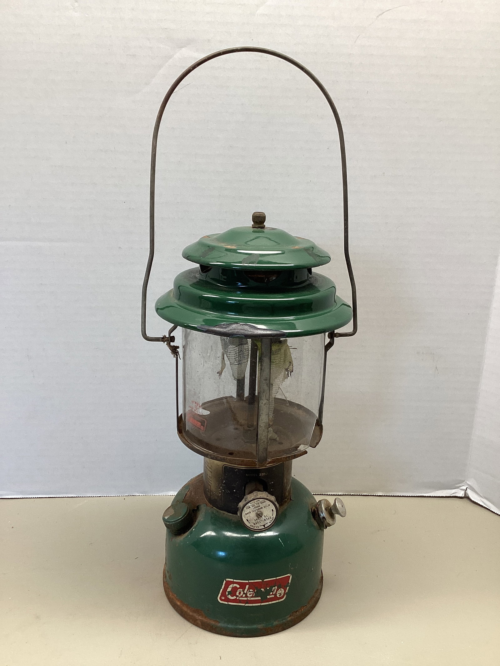 Coleman Lantern: glass broken, rust, 14" h without handle