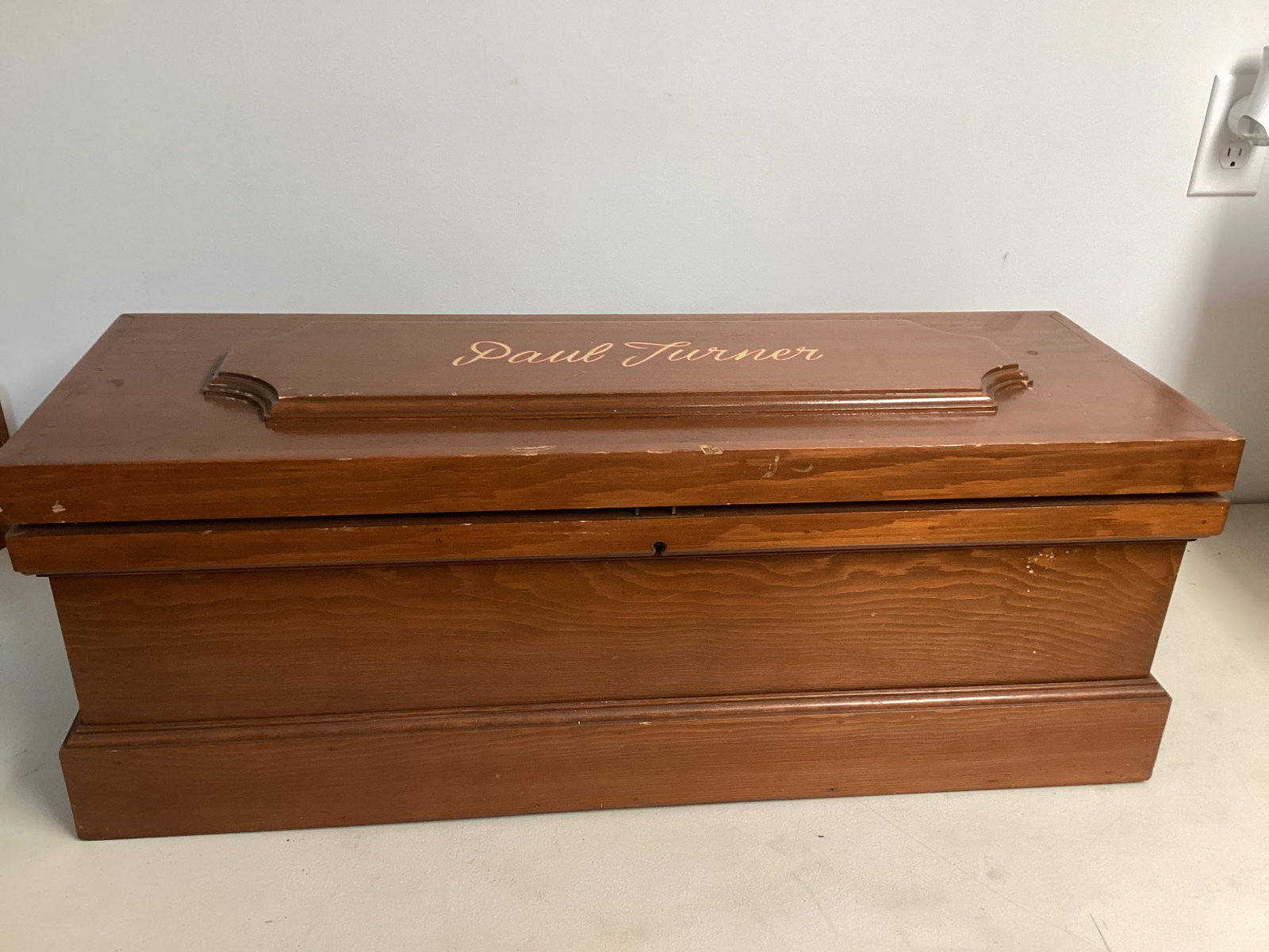 Handcrafted Wood Tool Chest: some scuffs, personalized, 33 3/4" x 12 1/4" x 13" h, shipping unavailable for this lot