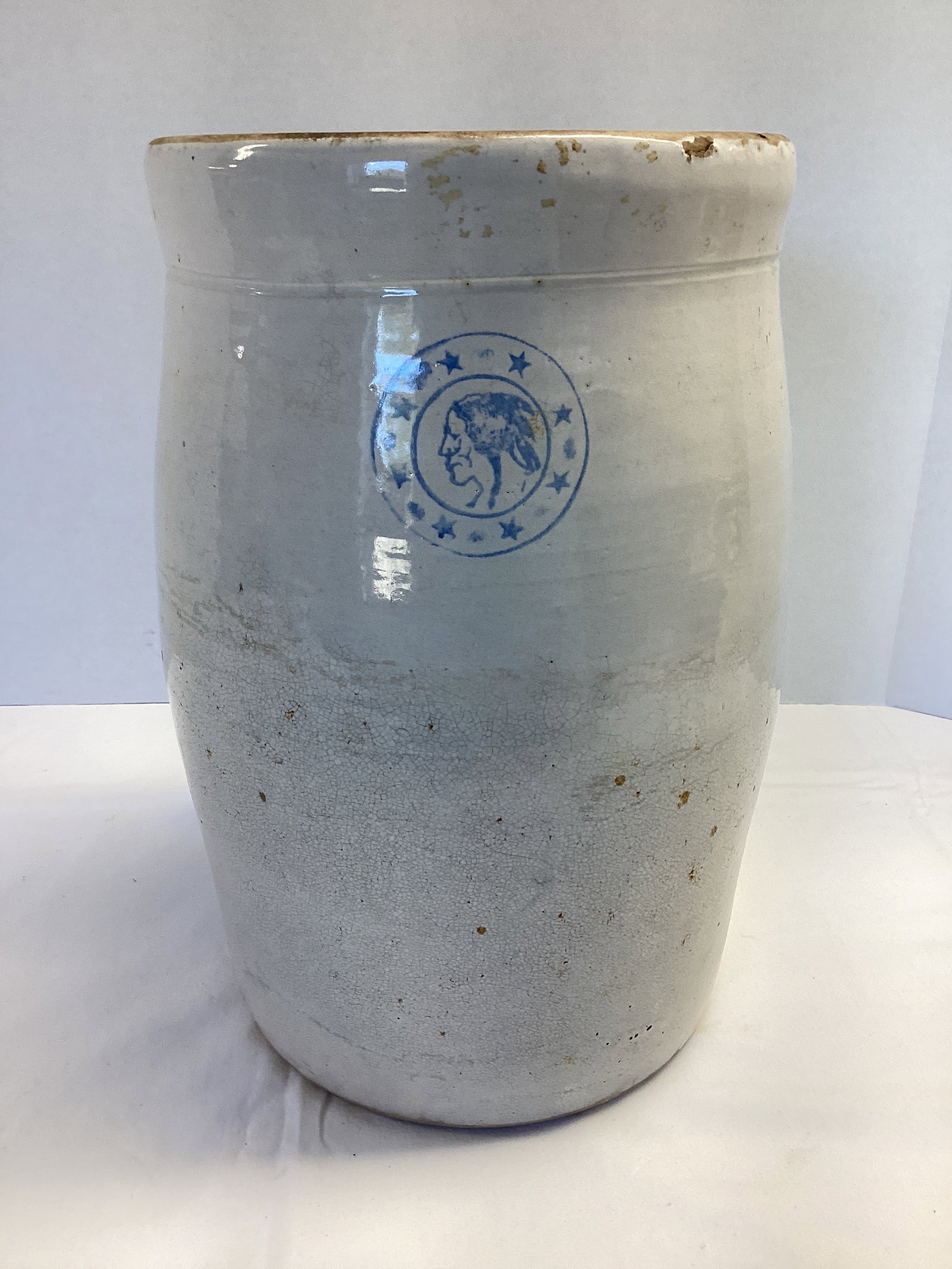 Indian Head Salt Glaze Crock: no lid, 7 3/4" diameter x 12 1/4" h