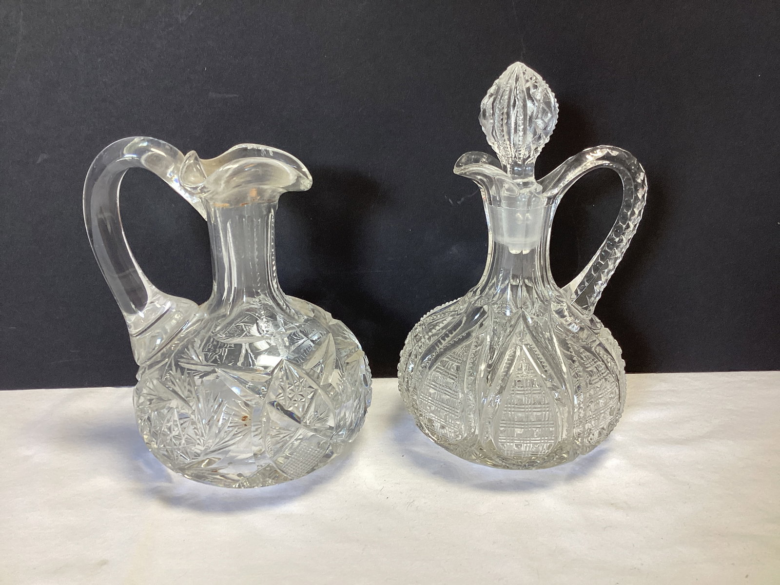 Heavy Antique Crystal Cruet and Glass Cruet with Stopper: crystal 5" h (no stopper, chipped on edge) and glass 6" h