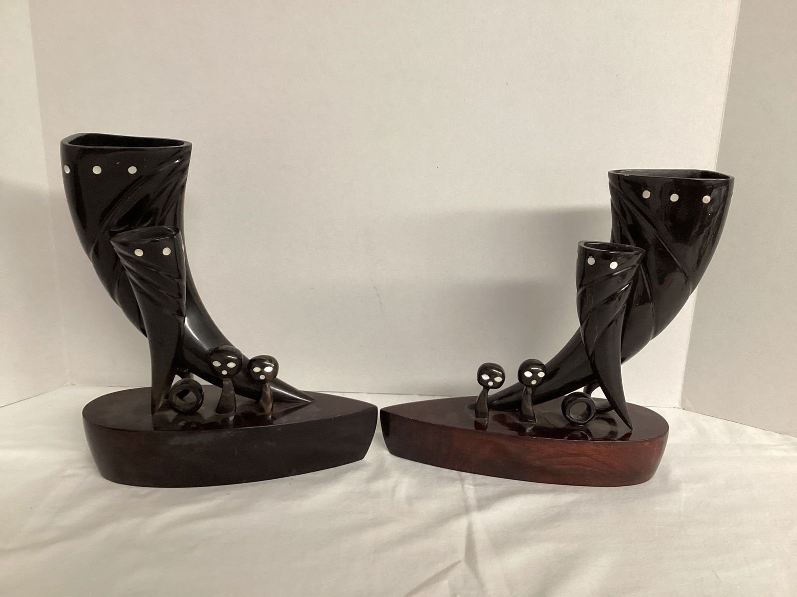 Two Faux Horn Vases on Lacquered Wood Bases: 9 1/2" and 10 1/2" h