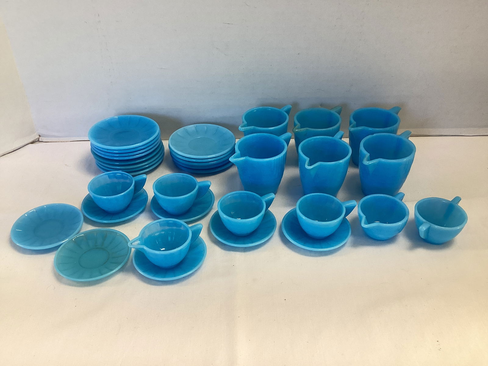 Akro Agate Blue Slag Glass Large Interior Panel Dishes: see all photos for all included, one chipped pitcher