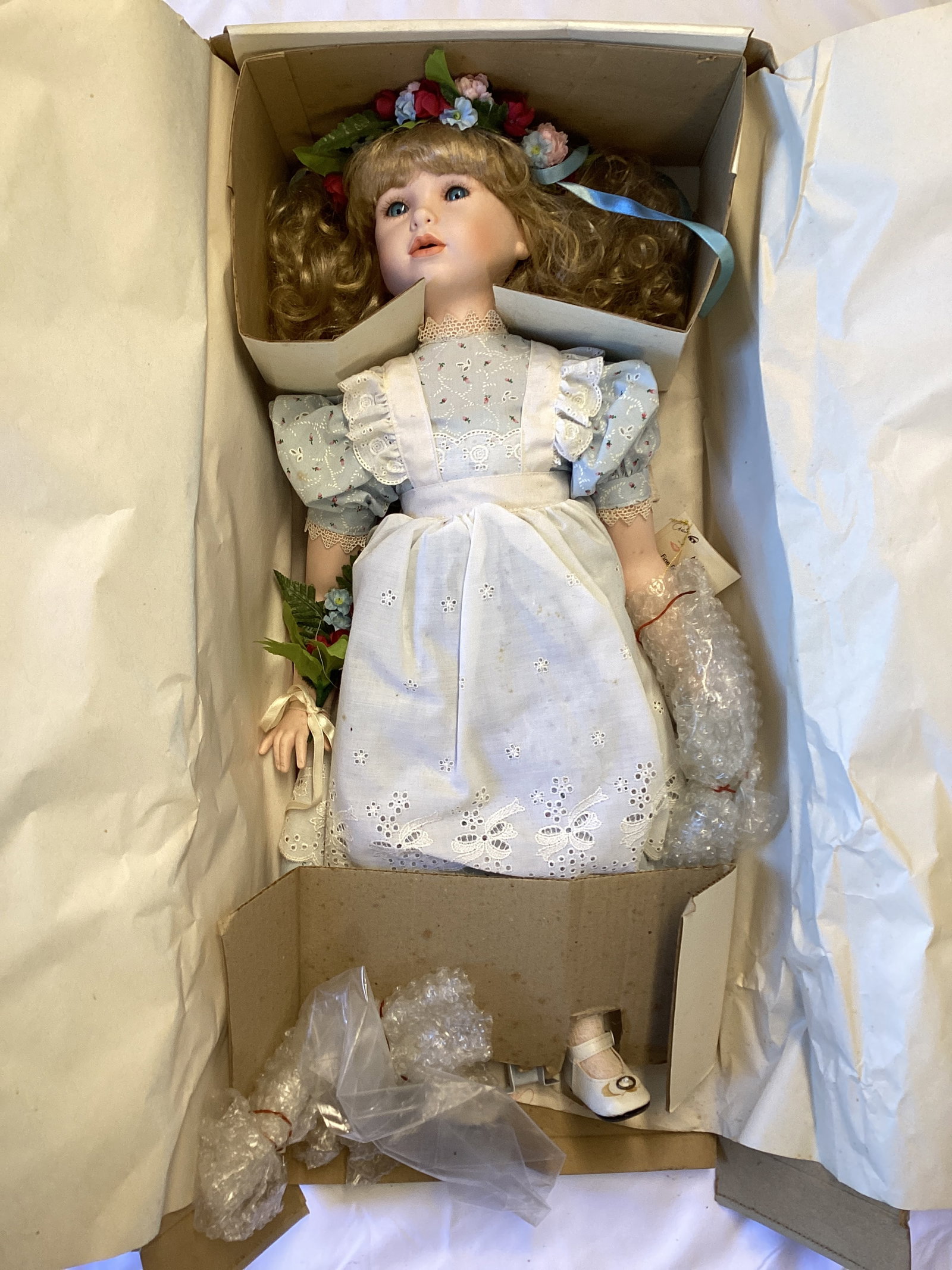Marie Osmond Four Seasons Summer Collector Porcelain Doll: 24" h, hand numbered, limited edition, odor from storage, some staining, SHIPPING UNAVAILABLE FOR THIS LOT