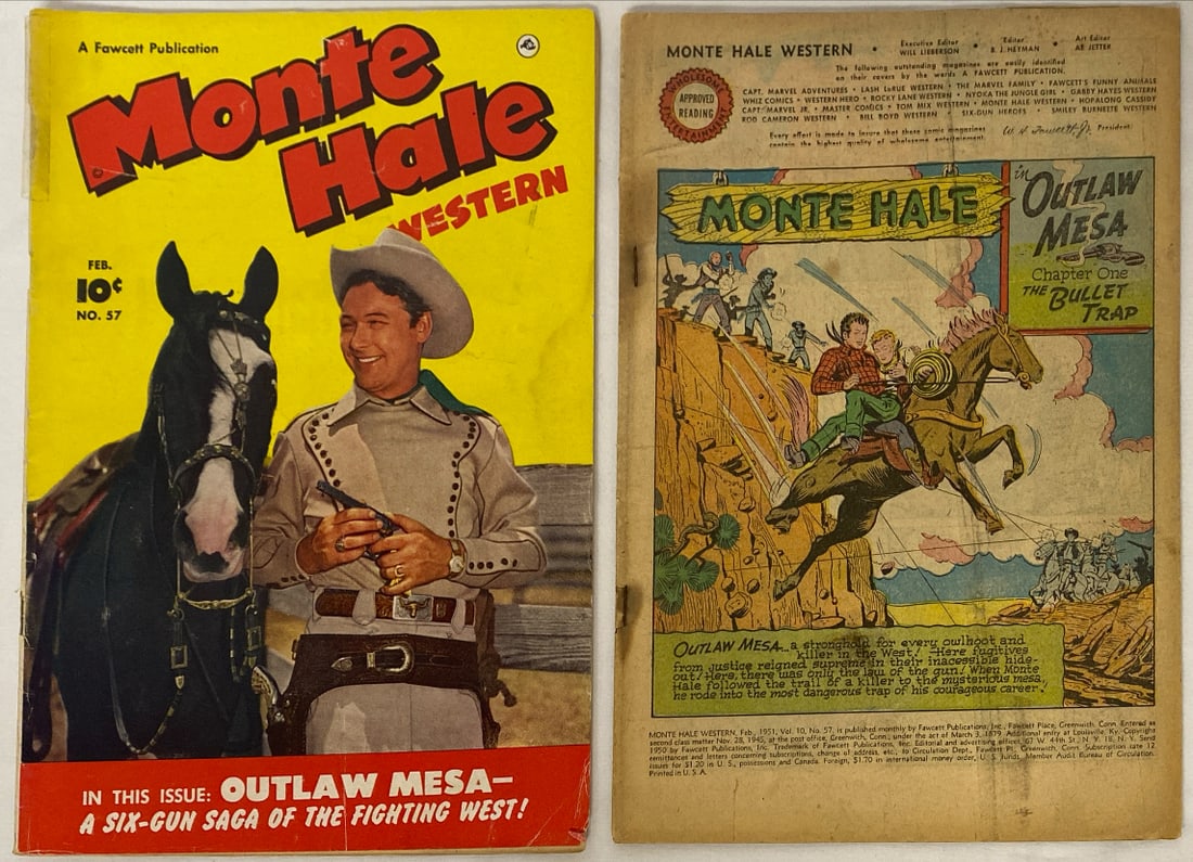 Two Monte Hale Western 57 Fawcett Comic Books: 1951, one copy without cover, Please preview and see all photos for condition