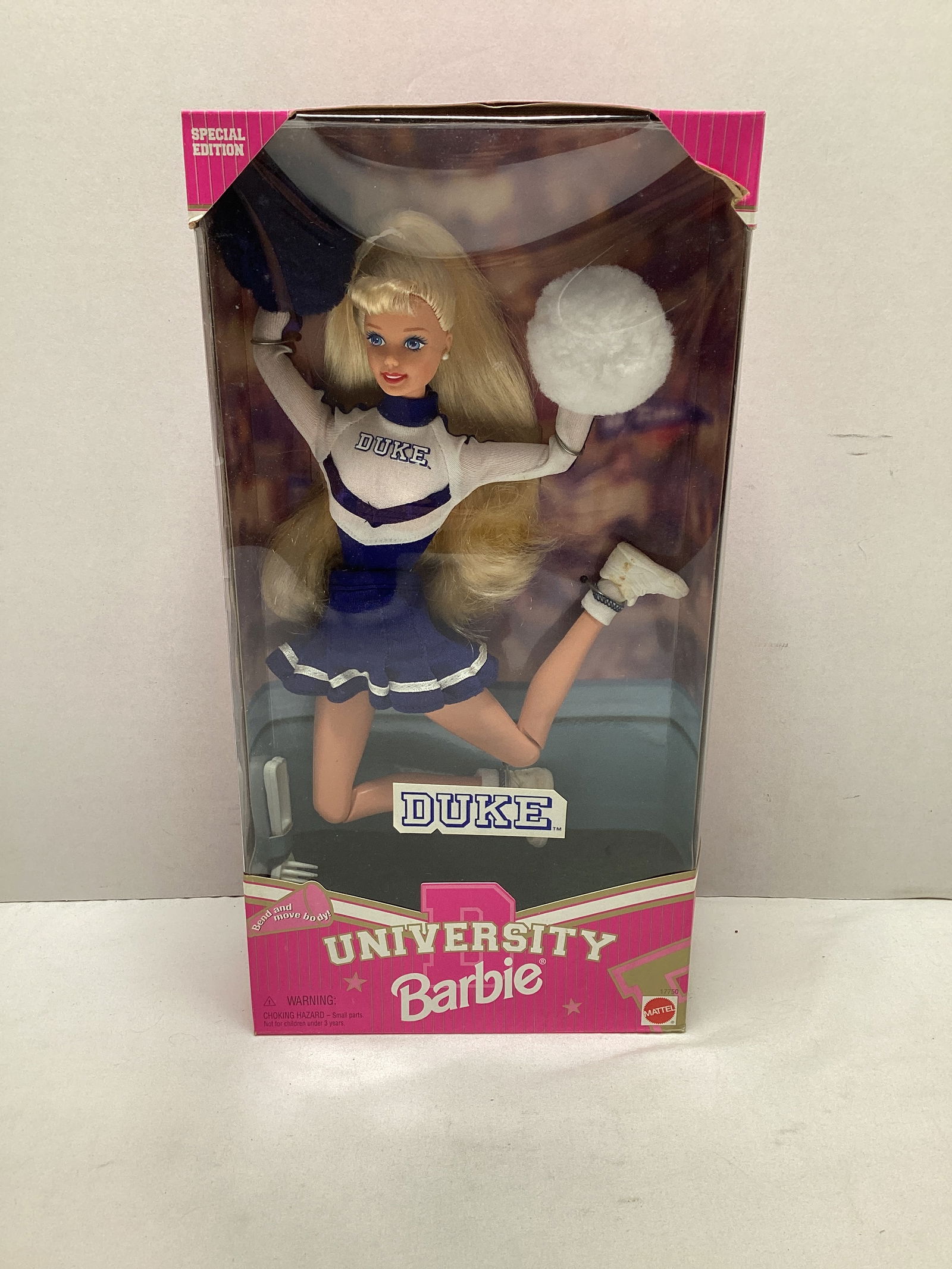 Duke University Blue Devils Cheerleader Barbie Doll: 1996 Mattel, shoe dirty inside packaging