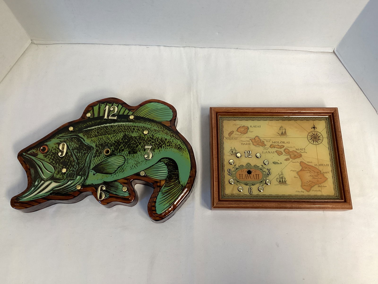 Vintage Lacquered Wood Large Mouth Bass Fish and Hawaii Wall Clock Bases: no clock works, 12" w x 9" h and 9 1/4" w x 7 1/2" h