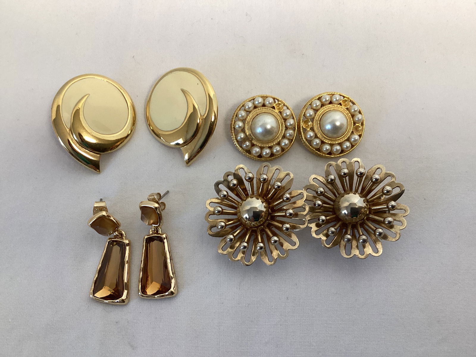 Earrings - Monet, Coro, RLM: unmarked pair missing some faux pearls, three clip-on and one pierced