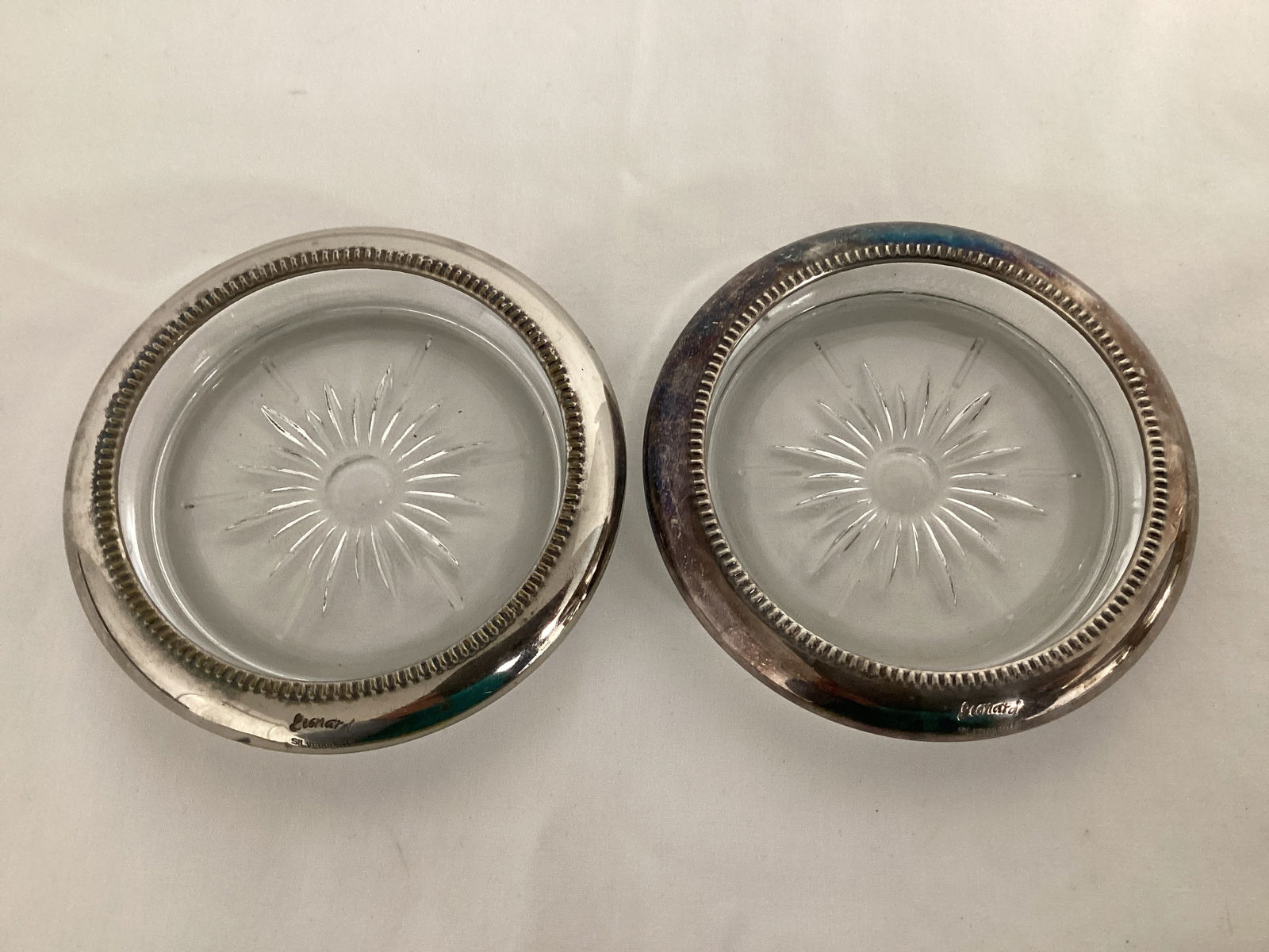 Pair of Leonard Glass Coasters with Silverplate Rim: 4" diameter