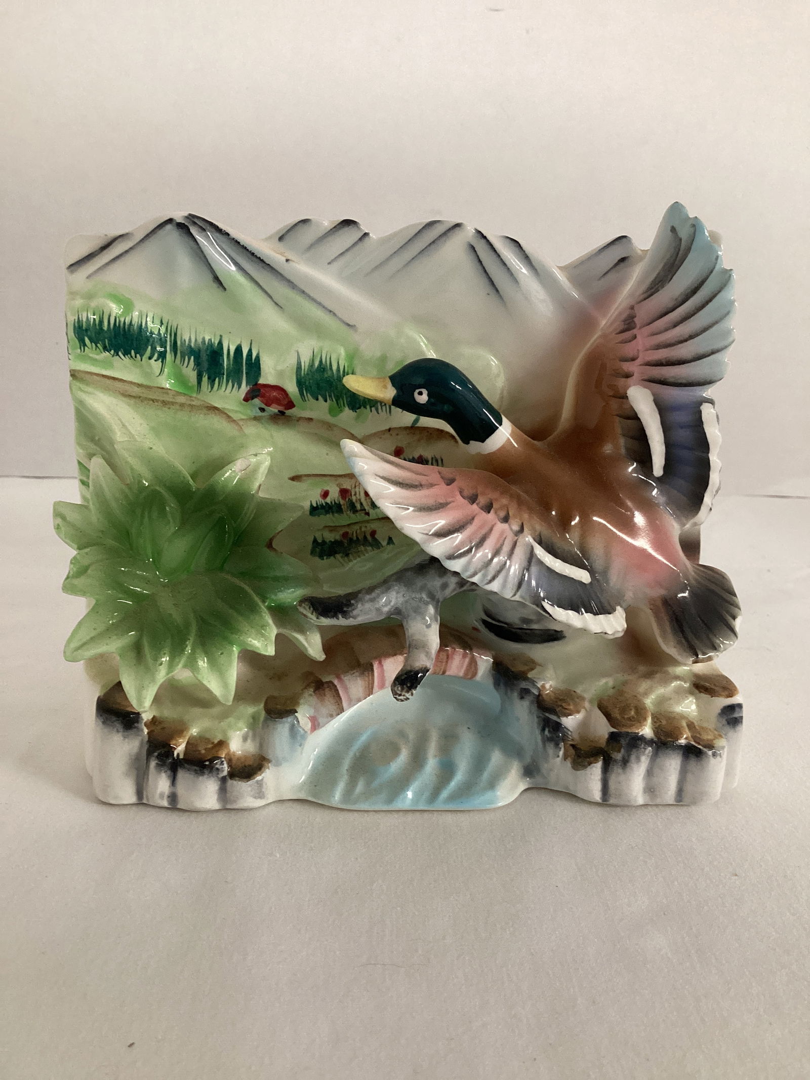 Vintage Mallard Duck Planter: marked "Dack", hairline crack, 5 1/4" w x 3 1/2" d x 4 1/2" h