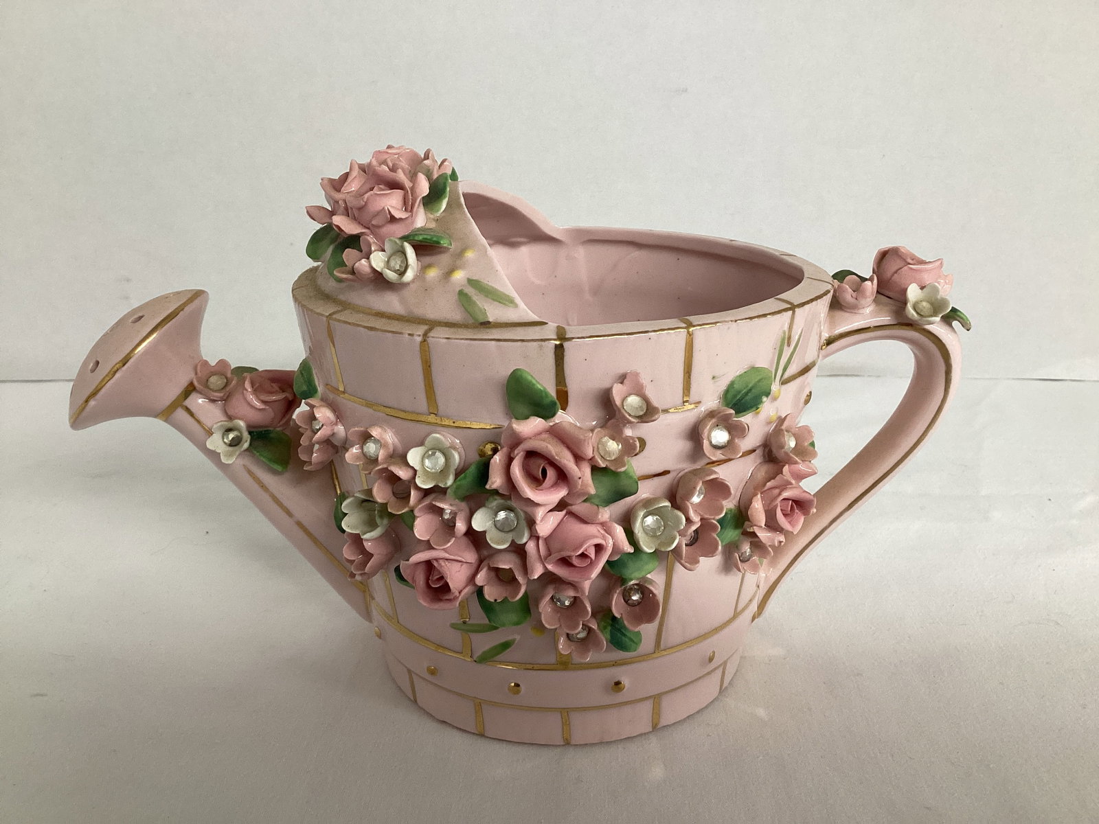 Lefton Watering Can with Applied Flowers Planter: some chips, 5" h