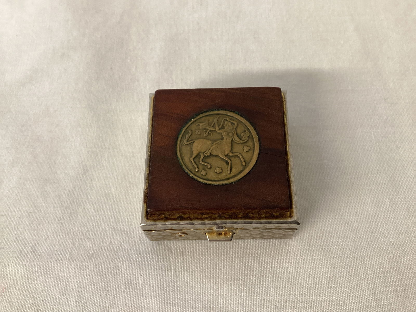 Vintage Pill Box with Sagittarius Medallion and Wood Top: 1 3/8" square