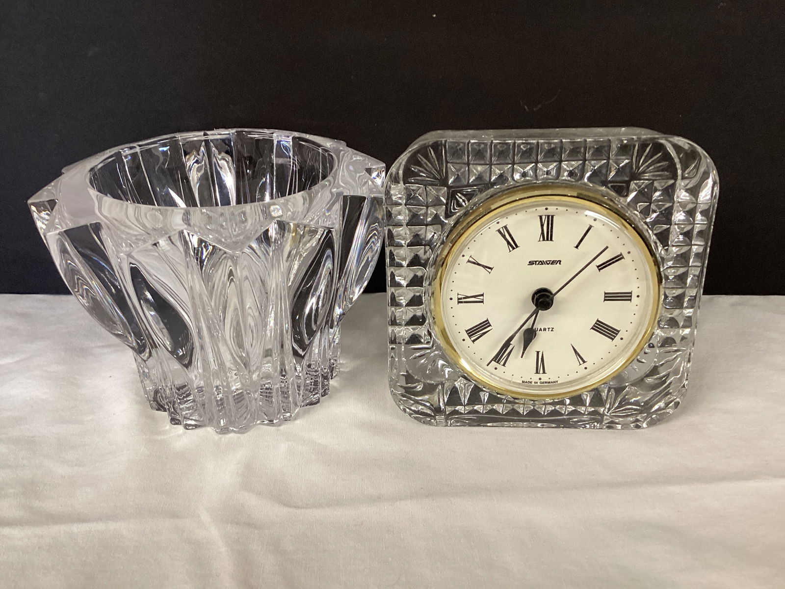 Crystal Votive Holder and Staiger Clock in Crystal Housing: 3 1/2" and 4" h