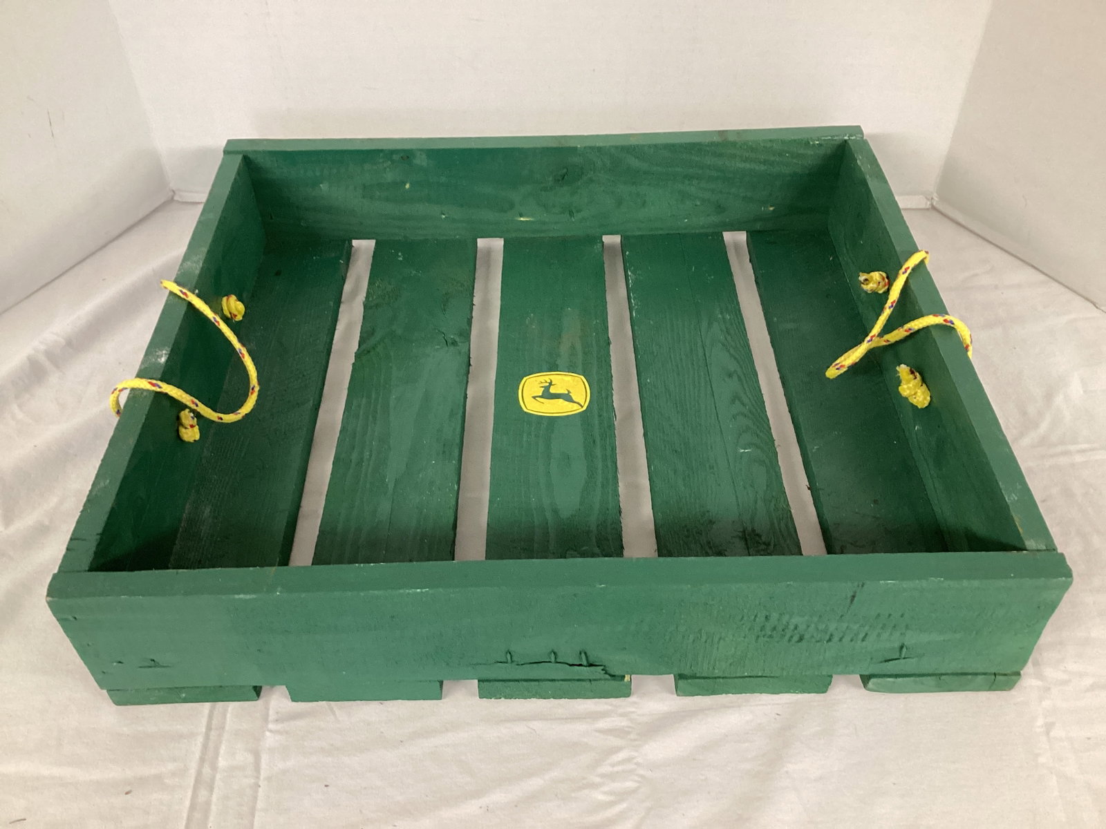 Painted Wood Tray with Deere Logo: 18" x 15 3/4" x 3 3/4" h, SHIPPING UNAVAILABLE ON THIS LOT