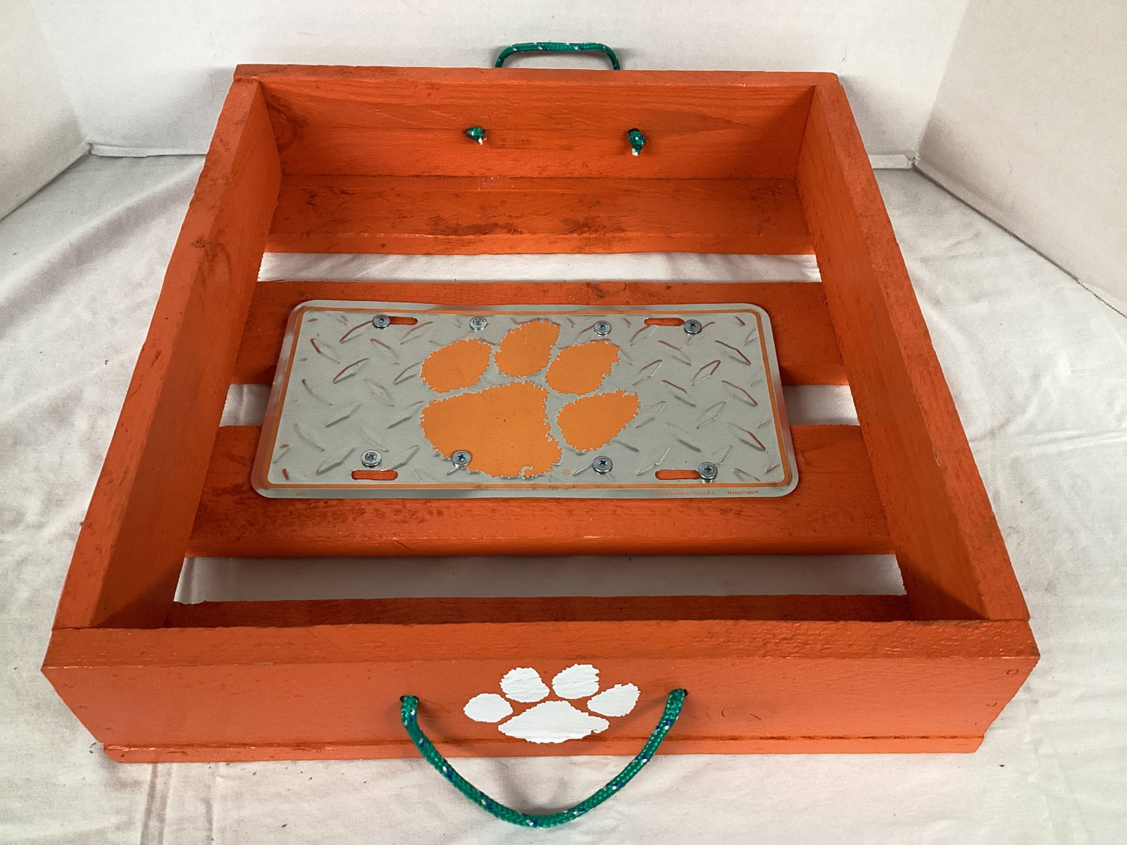 Painted Wood Tray with Clemson University License Plate: 15 3/4" x 17 1/8" x 3 3/4" h, SHIPPING UNAVAILABLE ON THIS LOT